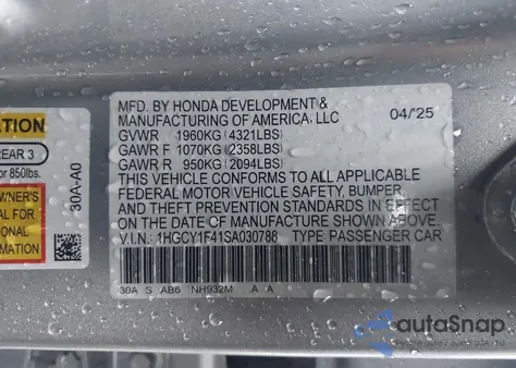 2025 Honda Accord Se from USA, damaged, VIN 1HGCY1F41SA030788